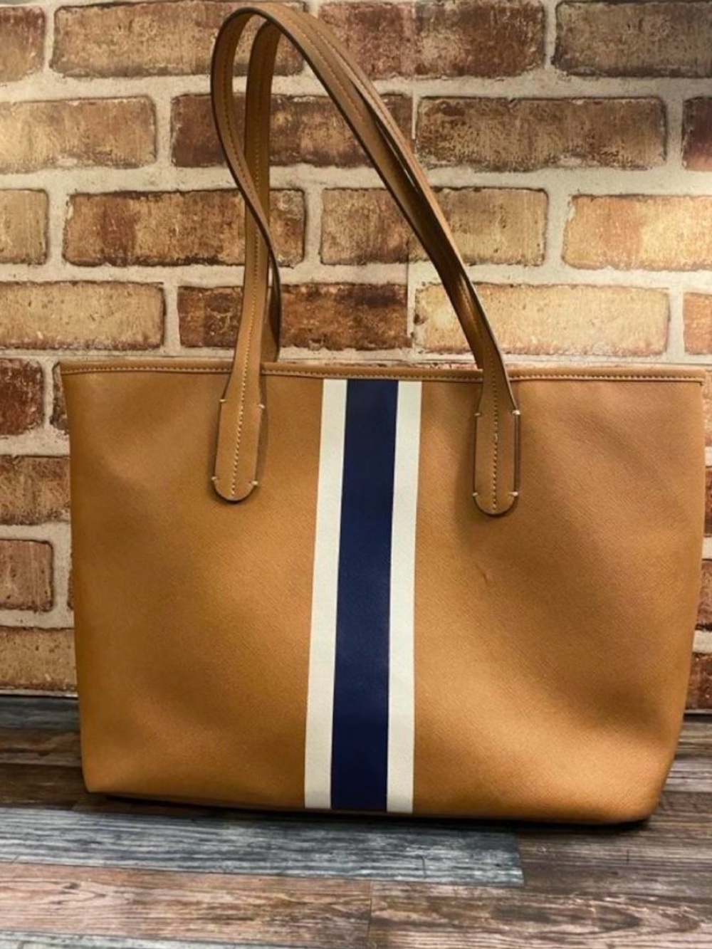 Neely & Chloe Tan Tote Bag with Navy and White Stripe - Women's Shoulder Bag